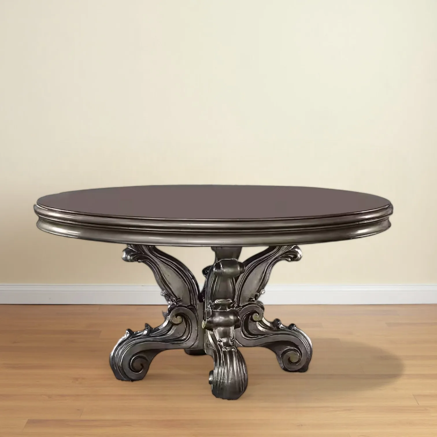 Hec81a3bc05fa4c0d86f05820d34c009cs.webp Gray solid pine wood round dining table 60 inch with pedestal base in a dining room setting