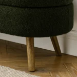 Green oval storage ottoman bench with rubber wood legs and lid open showing interior storage space
