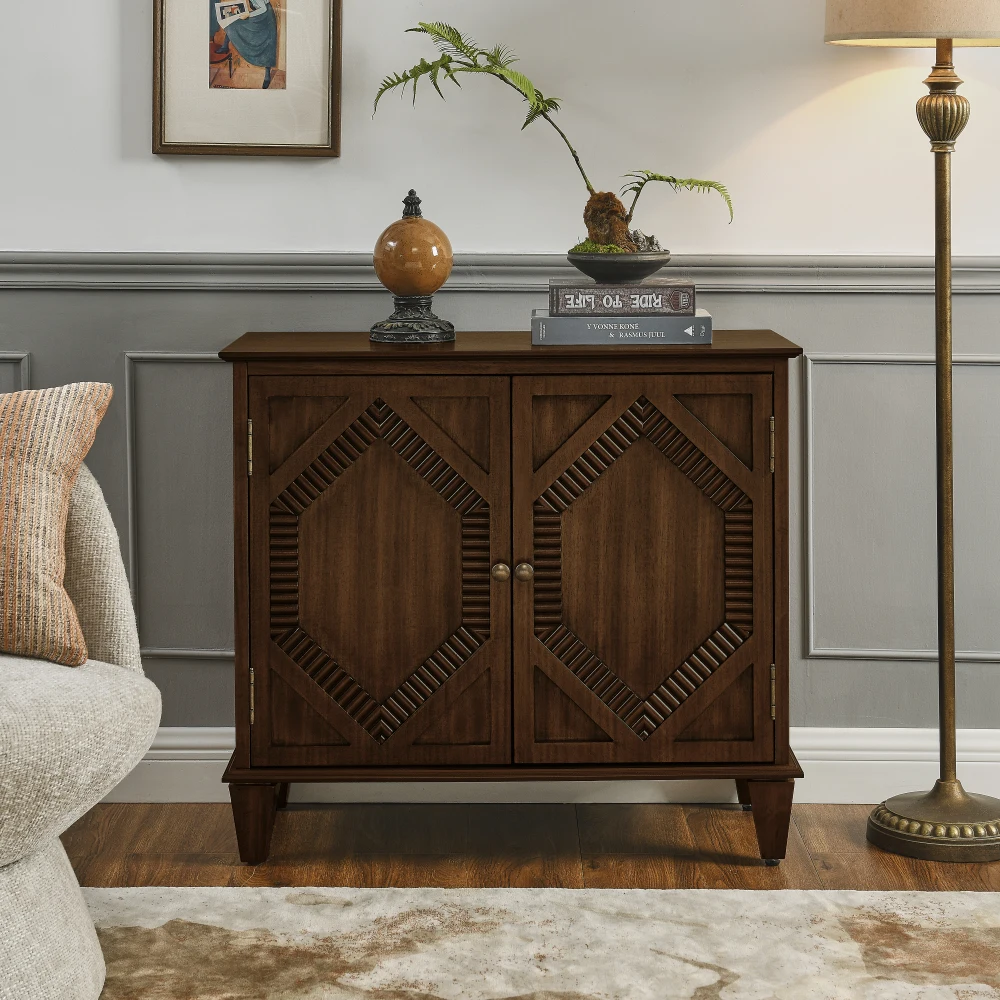 Hecb0faa9ebb64ef8a05342f0abf2909bZ.webp 33.6" Retro Wood Sideboard Buffet Cabinet Modern Design Symmetrical Geometric Accent Display Cabinets Media Console Credenza - Image 1