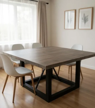 Goldoma 60-inch solid wood square dining table with dark brown distressed top and black iron legs in a rustic dining room