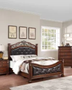 Goldoma queen size bed frame with tufted faux leather headboard in dark cherry finish - elegant traditional bedroom furniture