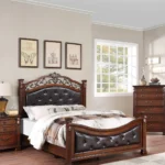 Goldoma queen size bed frame with tufted faux leather headboard in dark cherry finish - elegant traditional bedroom furniture