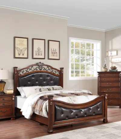 Goldoma queen size bed frame with tufted faux leather headboard in dark cherry finish - elegant traditional bedroom furniture