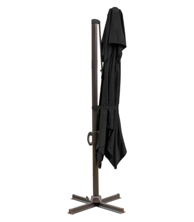 Black polyester cantilever patio umbrella stand in garden setting
