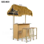 Hawaiian-style Bar Height Patio Set Outdoor Bar Table and Stools with Adjustable Feet, Acacia Wood Top, Natural – close-up