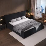Goldoma convertible queen platform bed with velvet headboard in black modern bedroom setting