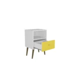 White and yellow nightstand with drawer and open shelf in a bedroom setting