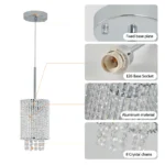 Pendant light fixture with spiral chrome frame and clear crystal drops, illuminated against a dark background.