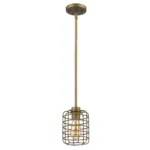 HMS modern brass hanging light with brushed gold metal cage, warm white 3000K, suspended above a wooden dining table in