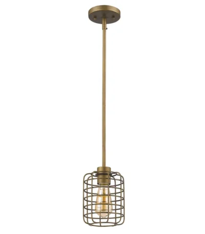HMS modern brass hanging light with brushed gold metal cage, warm white 3000K, suspended above a wooden dining table in