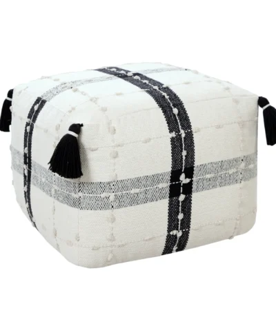 Goldoma 18-inch black striped pouf ottoman as a stylish foot rest and extra seating in a modern living room