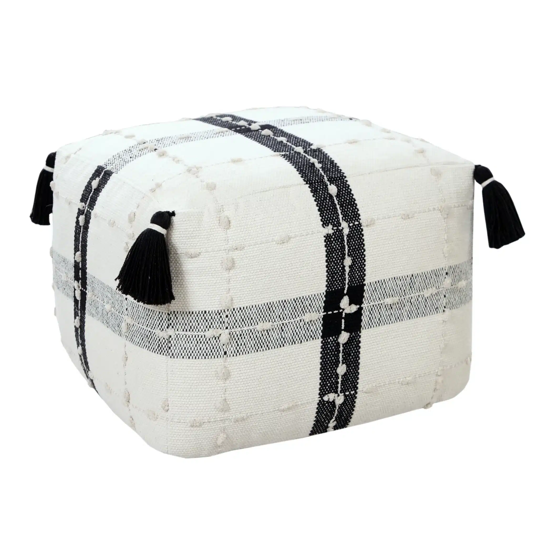 Goldoma 18" Black Cotton Striped Pouf Ottoman - Tufted Foldable Foot Rest & Extra Seat Goldoma 18" Black Cotton Striped Pouf Ottoman - Tufted Foldable Foot Rest & Extra Seat