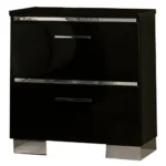 Modern nightstand with high gloss lacquer finish and chrome handles, featuring two drawers and adjustable feet