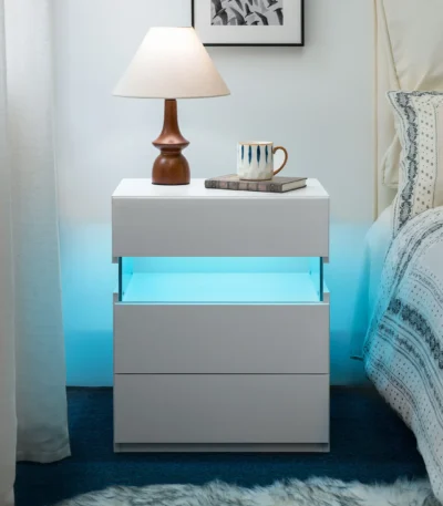 White LED nightstand with RGB lighting and 3 drawers in a modern bedroom setting