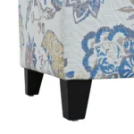 Goldoma floral storage ottoman with soft close hinges in blue floral pattern on neutral fabric