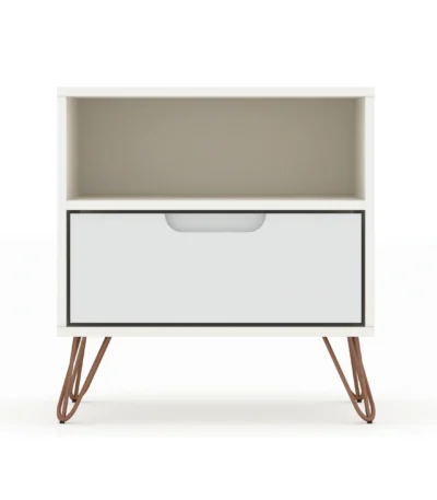 White nightstand with drawer and open shelf in a minimalist bedroom setting