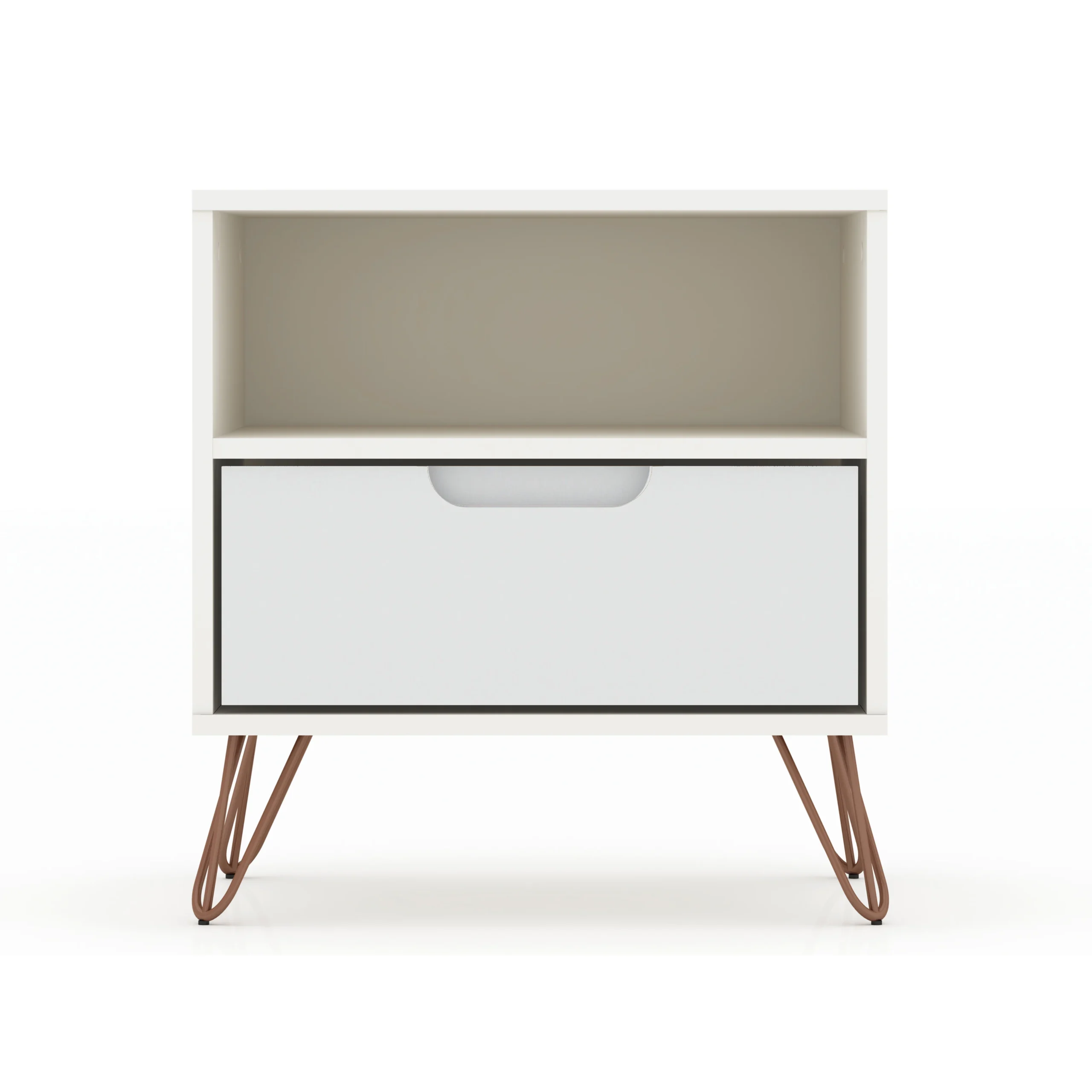 Hededb9ae6984495e8ed0812598e10f8dv.webp White nightstand with drawer and open shelf in a minimalist bedroom setting