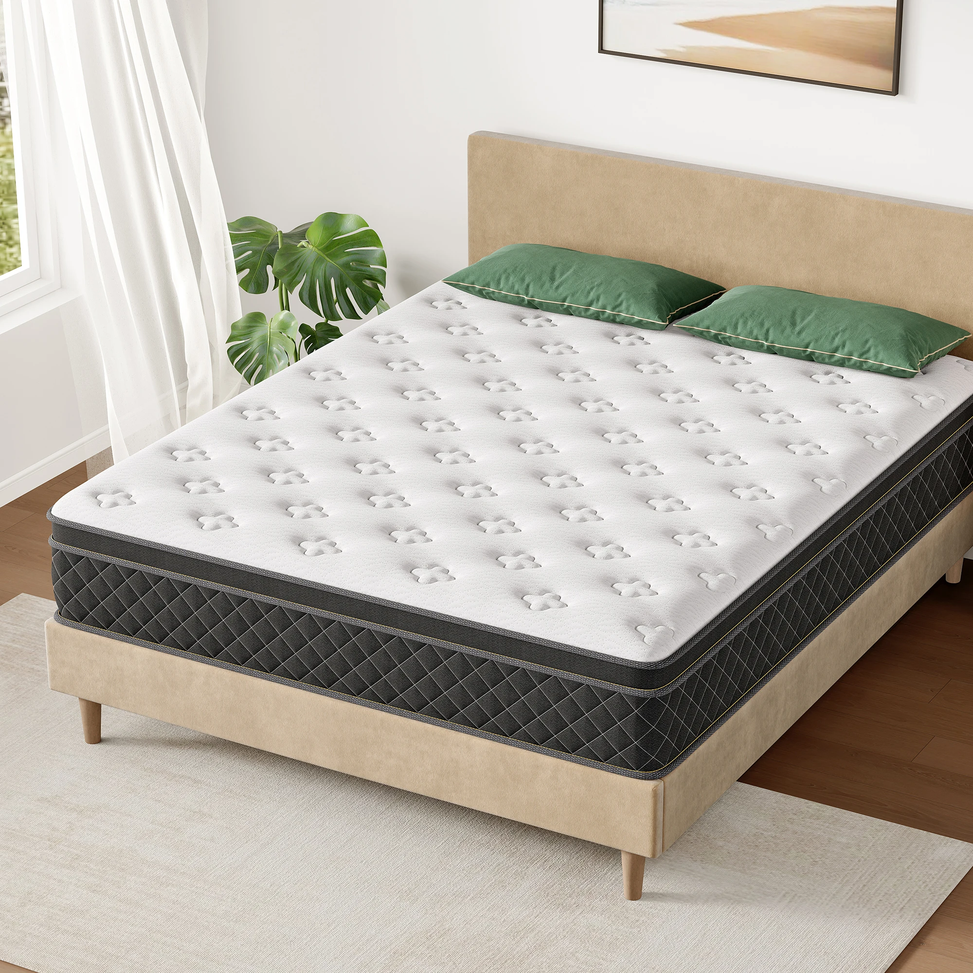 Goldoma Hybrid Mattress in a Box unboxed on a bed frame showing memory foam and pocket spring layers