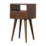 Solid Wood Mini Nightstand with Drawer and Open Shelf - Chestnut Brown – styled in a modern Nightstands setting