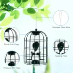 Weatherproof stainless steel bird feeder with green roof, showing rain droplets on the surface.