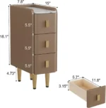 Beige leather narrow nightstand with drawers and stone top, perfect as a small bedside table
