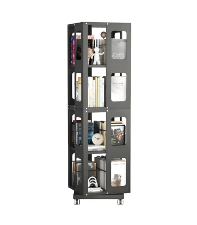 4-Tier Steel Rotating Bookshelf with Wheels Large Size Sturdy & Spacious Book Rack Bookshelf Easy Assembly US Warehouse