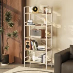Wood Folding Bookshelf 5-Tier Foldable Shelf with X-Bracket Design Adjustable Feet Space-Saving Storage for Living Room
