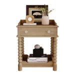 Retro wood nightstand with drawer and open shelf, natural turned legs