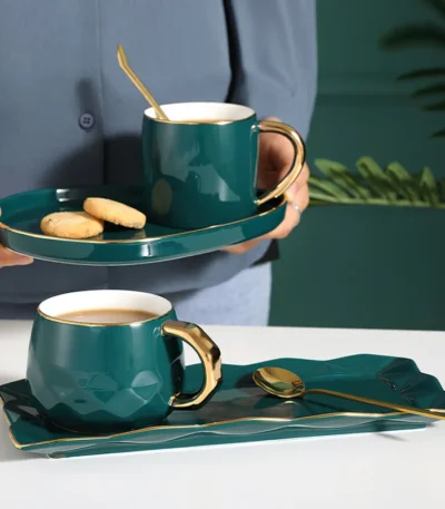 Ceramic Cup Dish Set Nordic Green Water Ware Coffee Cup Rectangular Tray Small Spoon Gift Box Home Bar Decoration Tea Cup