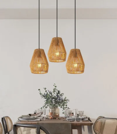 7-inch rustic hemp rope pendant light with three lights, hanging over a farmhouse dining table, natural rope texture
