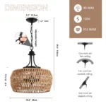 19" Boho Hemp Rope Pendant Light, Hand-Woven Jute Hanging Lamp with Adjustable Chain, Natural Rope Shade Ceiling Light