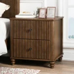 Fluted nightstand set of two in walnut finish with metal handles, mid-century modern style by Goldoma