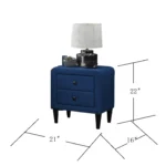 Navy blue velvet nightstand with two drawers and tempered legs, a modern bedroom furniture piece