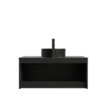 Wall-mounted vanity installed against a tiled wall, with soft lighting casting shadows to show depth and modern