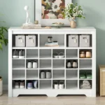 Sleek Design 24 Shoe Cubby Console, Modern Shoe Cabinet with Curved Base, Versatile Sideboard - Image 2