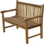 Modern natural teak outdoor garden bench with metal frame on patio