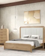 Goldoma adjustable king bed with oak wood frame and channel padded headboard in a modern bedroom setting