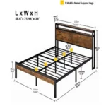 Goldoma King Size Metal Platform Bed Frame with Wooden Headboard, USB Ports & LED Lights – side view
