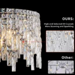 9-light crystal chandelier pendant viewed from below, highlighting the arrangement of clear crystals around the chrome