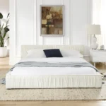 Modern upholstered queen bed frame with chenille fabric pleated headboard in neutral color - Goldoma queen bed frame