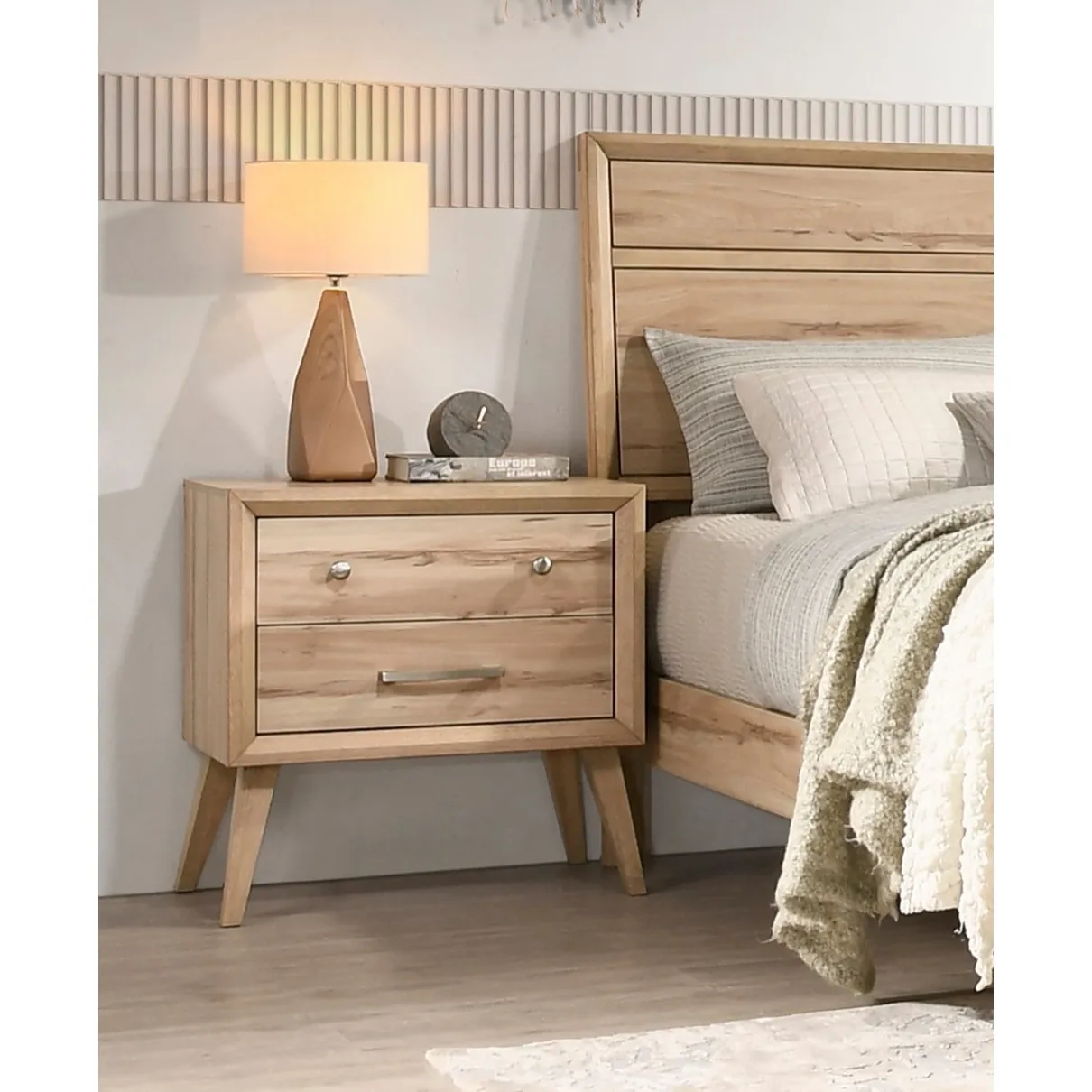 Hef85ddabd1a64a70a8a0fb158dec907eR.webp Classic mid-century nightstand with two drawers in natural oak finish, featuring angled legs and lacquered surface.