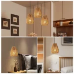 Rustic hemp rope pendant light from below, showing circular shape and rope weave, no bulbs installed, soft shadows.