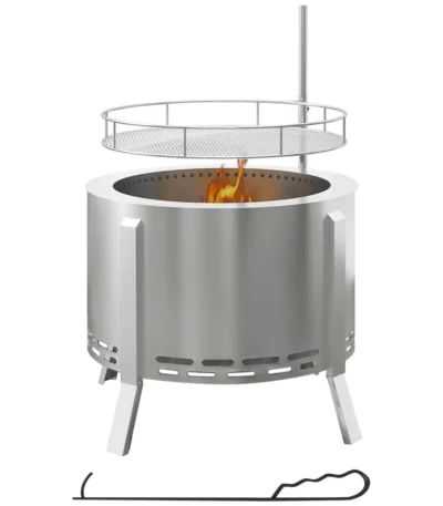 Goldoma smokeless fire pit with BBQ grill grate, glowing fire and low smoke