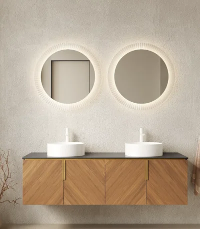Goldoma 60-inch floating bathroom vanity with two white ceramic sinks, plywood cabinet in a modern bathroom setting,