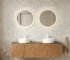 Goldoma 60-inch floating bathroom vanity with two white ceramic sinks, plywood cabinet in a modern bathroom setting,