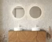 Goldoma 60-inch floating bathroom vanity with two white ceramic sinks, plywood cabinet in a modern bathroom setting,