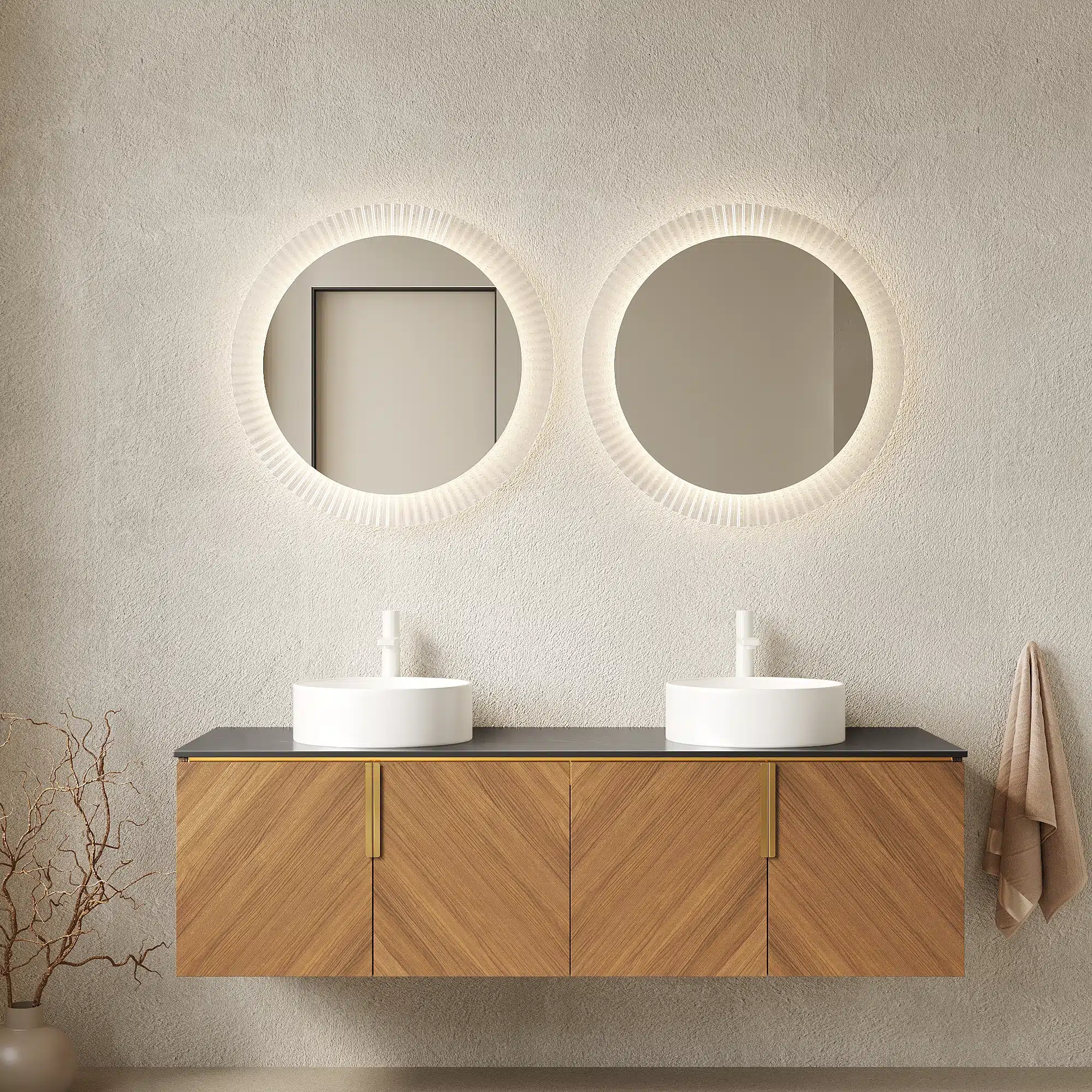 Goldoma 60-inch floating bathroom vanity with two white ceramic sinks, plywood cabinet in a modern bathroom setting,