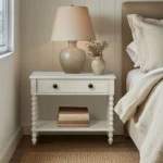 Antique cream large nightstand with drawer and shelf in bedroom setting