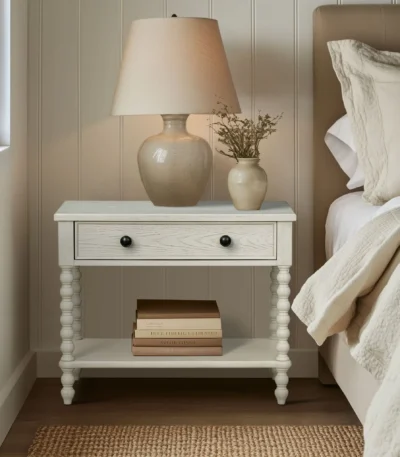Antique cream large nightstand with drawer and shelf in bedroom setting