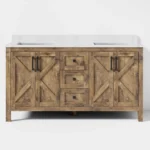 Goldoma mid-century bathroom vanity set with wood stripes, undermount sink, and shelf, viewed from front in a